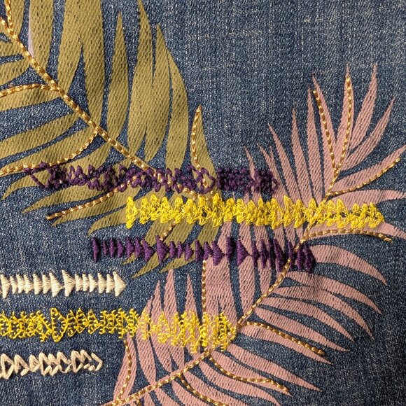 Chico's Tropical Embroidered Denim Jacket Small Blue Floral Boho Jean Coat - Picture 11 of 13